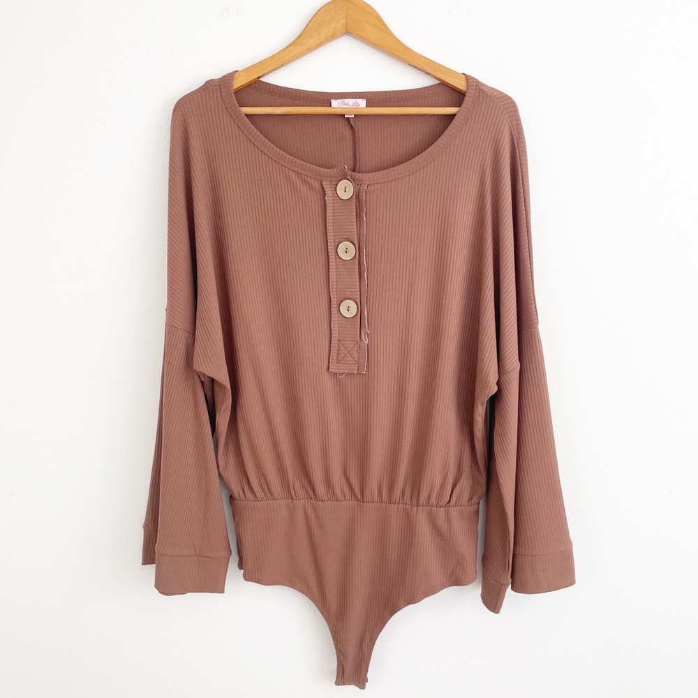 Pink Lily Brown Ribbed Button Down Thong Bodysuit Size Medium